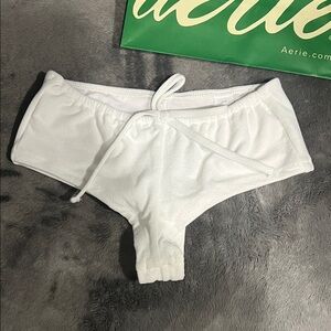 Aerie White Terry Bikini Bottom Boy shorts with Tie Detail
